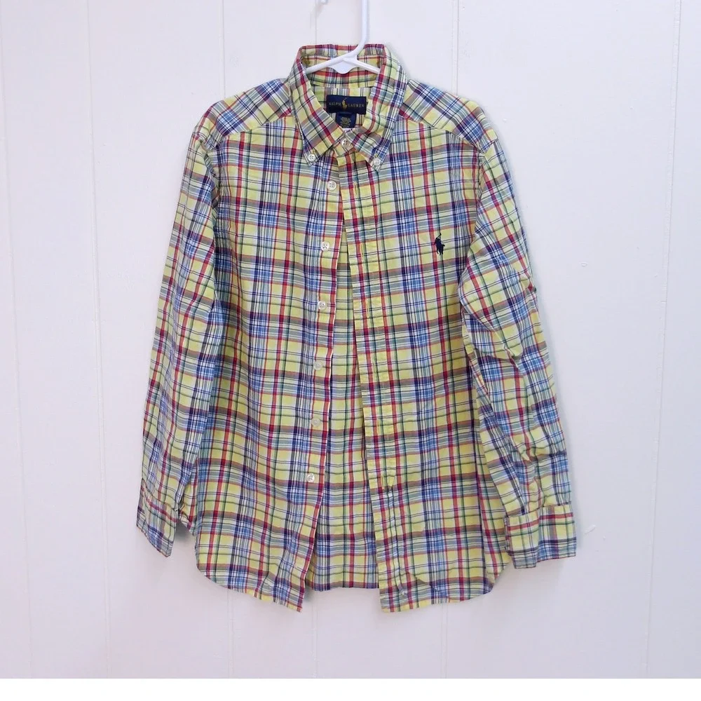 Ralph Lauren Kids Plaid‎ Button Down Long Sleeve Shirt Yellow Blue Sz 8 / #1042
